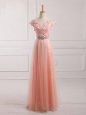  Peach Empire Beading and Lace and Appliques Prom Evening Gown Lace Up Tulle and Lace Short Sleeves Floor Length