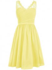 Admirable Yellow Sleeveless Lace and Ruching Knee Length Dama Dress