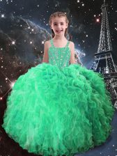  Floor Length Apple Green Girls Pageant Dresses Straps Sleeveless Lace Up
