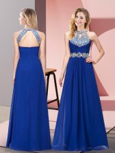  Blue Empire Halter Top Sleeveless Chiffon Floor Length Zipper Beading and Ruching Prom Dress