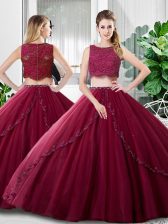 Captivating Burgundy Zipper Scoop Lace and Ruching Quince Ball Gowns Tulle Sleeveless