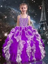 Gorgeous Eggplant Purple Straps Lace Up Beading and Ruffles Kids Formal Wear Sleeveless