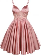Beautiful Pink Sleeveless Lace Knee Length Dama Dress