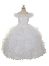  White Organza Lace Up Little Girls Pageant Dress Wholesale Sleeveless Floor Length Ruffles and Ruffled Layers