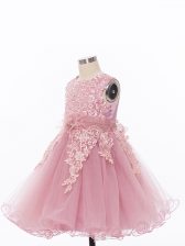  Scoop Sleeveless Little Girls Pageant Dress Wholesale Knee Length Appliques and Hand Made Flower Pink Tulle