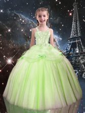 Superior Yellow Green Ball Gowns Beading Girls Pageant Dresses Lace Up Tulle Sleeveless Floor Length