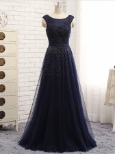 Sweet Sleeveless Floor Length Beading Zipper Prom Dresses with Navy Blue