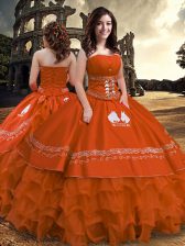 Fantastic Rust Red Taffeta Zipper Strapless Sleeveless Floor Length 15th Birthday Dress Embroidery and Ruffled Layers