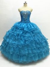 Latest Teal Sweetheart Neckline Beading and Ruffles Quinceanera Dress Sleeveless Lace Up