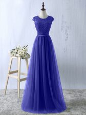 Artistic Scoop Short Sleeves Zipper Prom Gown Blue Tulle