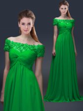 Hot Sale Green Short Sleeves Floor Length Appliques Lace Up Dress for Prom