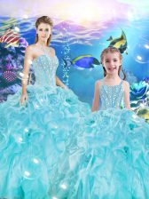 Discount Aqua Blue Ball Gowns Sweetheart Sleeveless Organza Floor Length Lace Up Beading and Ruffles Sweet 16 Quinceanera Dress