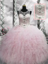 Gorgeous Baby Pink Sleeveless Tulle Lace Up 15th Birthday Dress for Military Ball and Sweet 16 and Quinceanera