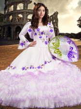 Deluxe Long Sleeves Floor Length Embroidery and Ruffled Layers Lace Up Quinceanera Gown with White