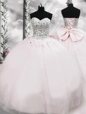 Charming Pink Ball Gowns Sweetheart Sleeveless Tulle Brush Train Lace Up Beading and Bowknot Quinceanera Dresses