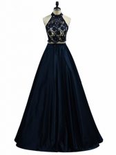  Navy Blue Two Pieces Lace and Appliques Prom Dress Zipper Taffeta Sleeveless Floor Length