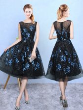 Popular Blue And Black Sleeveless Appliques Knee Length Court Dresses for Sweet 16