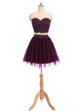 Beautiful Sleeveless Tulle Mini Length Zipper Prom Gown in Dark Purple with Beading and Appliques