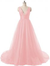  V-neck Sleeveless Prom Party Dress Brush Train Ruching Baby Pink Organza