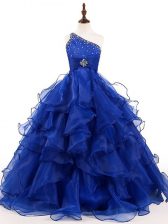  Ball Gowns Little Girl Pageant Gowns Royal Blue One Shoulder Organza Sleeveless Floor Length Zipper