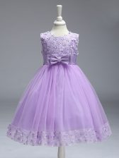  Lavender A-line Tulle Scoop Sleeveless Lace and Bowknot Knee Length Zipper Kids Formal Wear