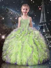Discount Sleeveless Floor Length Beading and Ruffles Lace Up Kids Pageant Dress with Yellow Green