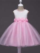  Lace and Hand Made Flower Little Girl Pageant Gowns Baby Pink Zipper Sleeveless Knee Length