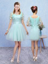 Discount Aqua Blue Lace Up Quinceanera Court Dresses Appliques Sleeveless Mini Length