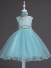  Ball Gowns Little Girls Pageant Dress Aqua Blue Scoop Organza Sleeveless Knee Length Zipper
