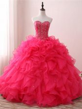 Beauteous Hot Pink Sleeveless Beading and Ruffles Floor Length Ball Gown Prom Dress