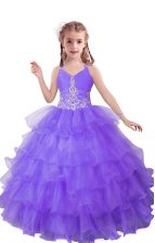 Fashion Lilac Sleeveless Floor Length Beading and Ruffled Layers Zipper Little Girl Pageant Gowns