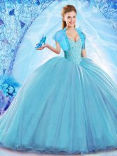 Dramatic Baby Blue Quinceanera Gown Military Ball and Sweet 16 and Quinceanera with Beading Off The Shoulder Sleeveless Sweep Train Lace Up