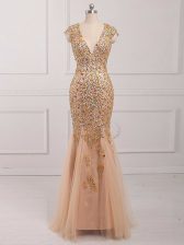 Ideal Mermaid Champagne V-neck Tulle Cap Sleeves Backless