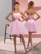 Custom Designed Baby Pink Sleeveless Beading and Ruching Mini Length Prom Party Dress