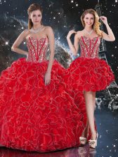 Great Sleeveless Floor Length Beading and Ruffles Lace Up Quinceanera Gown with Wine Red