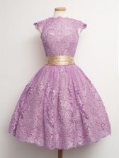  Lilac Ball Gowns Belt Dama Dress Lace Up Lace Cap Sleeves Knee Length