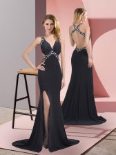 Glittering Black Dress for Prom Chiffon Brush Train Sleeveless Beading