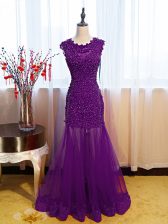  Scoop Sleeveless Homecoming Dress Floor Length Beading and Lace and Appliques Eggplant Purple Tulle