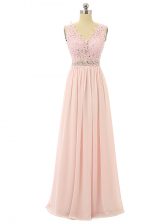 Best Selling Floor Length Pink Prom Dresses V-neck Sleeveless Zipper