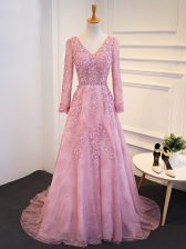 Colorful Pink Homecoming Dress V-neck Long Sleeves Brush Train Lace Up