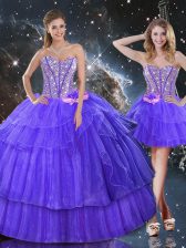  Purple Sleeveless Beading and Ruffled Layers Floor Length 15th Birthday Dress