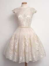 Glorious Champagne A-line Lace Scalloped Cap Sleeves Lace Knee Length Lace Up Damas Dress