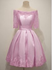  Knee Length Lace Up Vestidos de Damas Lilac for Prom and Party and Wedding Party with Lace