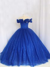 Suitable Royal Blue Ball Gowns Off The Shoulder Cap Sleeves Tulle Floor Length Lace Up Hand Made Flower Sweet 16 Dresses