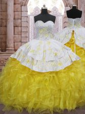  Sleeveless Beading and Appliques and Ruffles Lace Up Sweet 16 Dresses with Yellow And White Brush Train