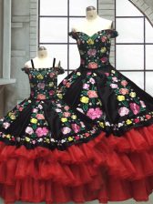 Cute Off The Shoulder Sleeveless Organza and Taffeta Sweet 16 Quinceanera Dress Embroidery and Ruffled Layers Lace Up
