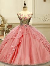  Watermelon Red Scoop Neckline Appliques Sweet 16 Quinceanera Dress Sleeveless Lace Up