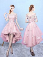 Eye-catching High Low Lace Up Court Dresses for Sweet 16 Baby Pink for Prom and Party and Wedding Party with Lace
