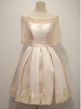 Champagne Half Sleeves Knee Length Lace Zipper Dama Dress for Quinceanera