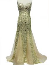 Decent Olive Green Sleeveless Brush Train Sequins Dress for Prom